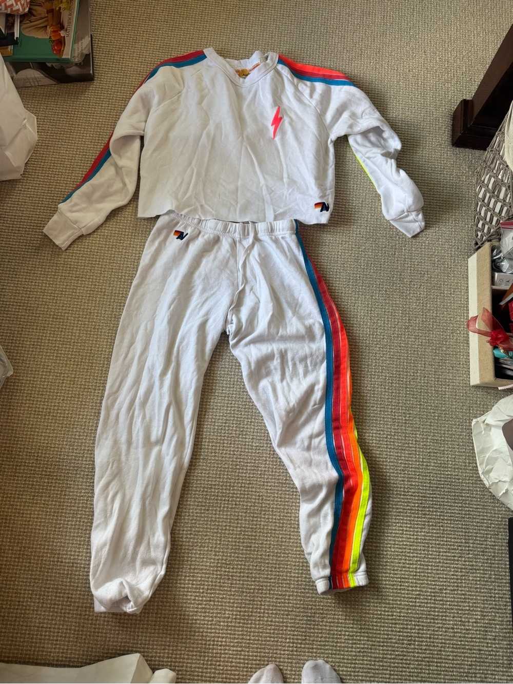 Aviator Nation White Sweatshirt & Joggers with Rainbow Stripes
